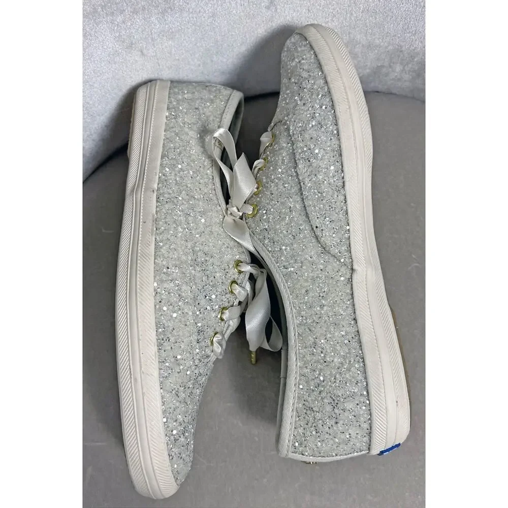 NEW! Keds X Kate Spade New York Champion White Glitter Sneakers w/ Ribbon, 6.5